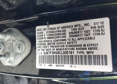 2012 Honda Crosstour 2.4 Ex-L из США, поврежденный, VIN 5J6TF3H58CL000161